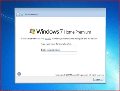 Windows 7 Setup Screen, Set Username